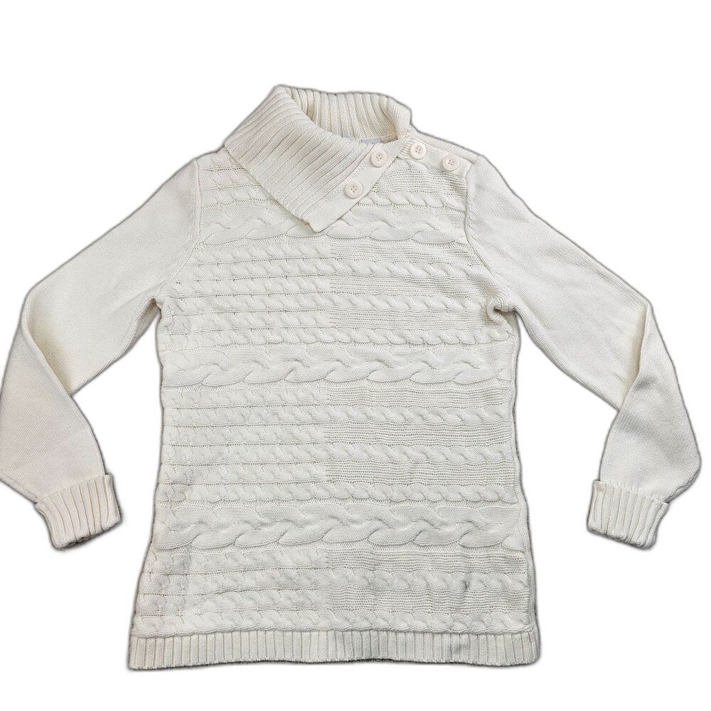 Liz Claiborne Ivory Cable Knit Cowl Neck Sweater Medium Cozy Preppy - Picture 2 of 13